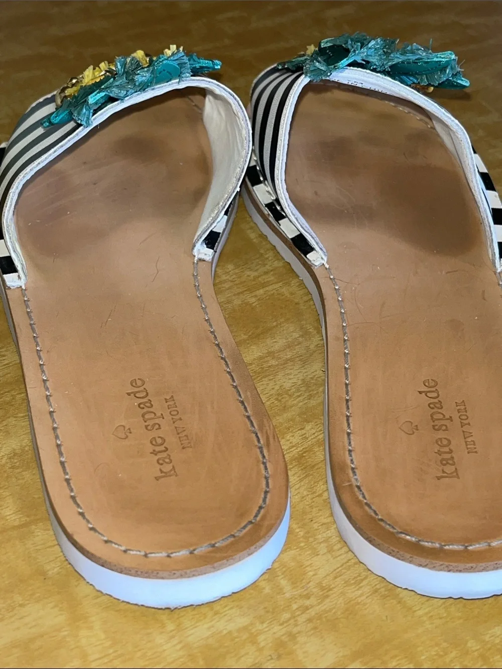 kate spade Black & White Stripe Pineapple Slide Sandals with Teal Leaves